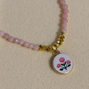 New Pretty Pink Opal & Gold Plated Bead Necklace With Pink Rose Charm